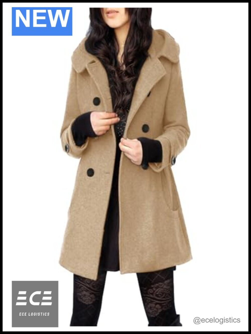 Hooded Wool Blend Coat Mid Long Peacoat Button Double Breasted